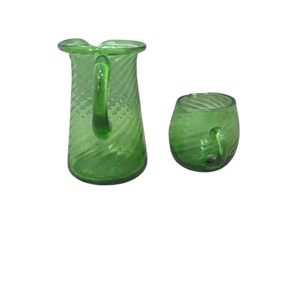 Vintage Hand Blown Green Swirl Art Glass Pitcher & Creamer Set Applied Handles